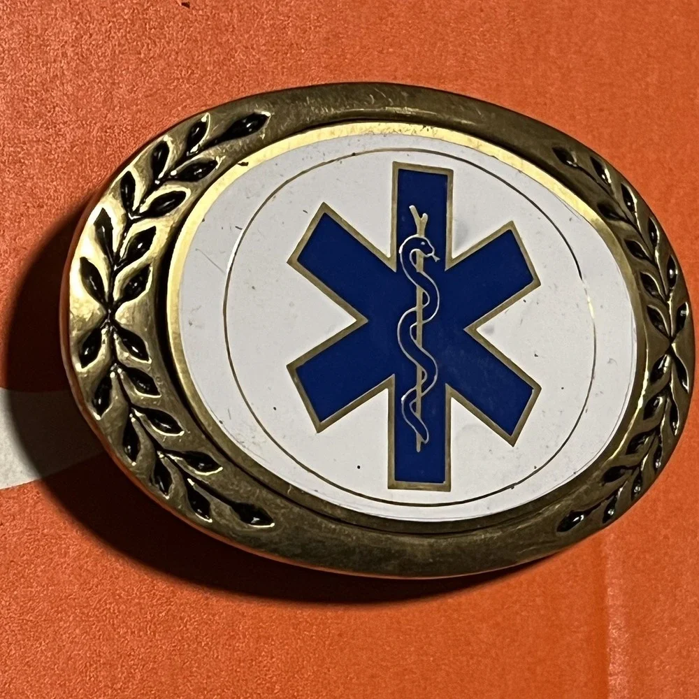 Vintage Solid Brass Star of Life EMS EMT Medical Belt Buckle Blue White Gold